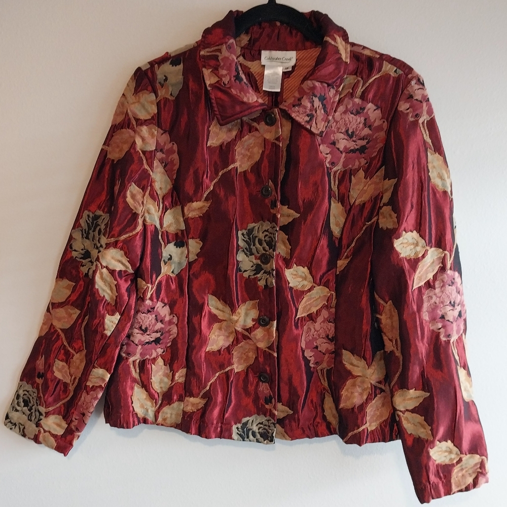 Coldwater Creek Red & Cream Floral Tapestry Embroidered Velvet Trim Jacket